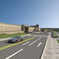 Road Facilities With Traditional Architecture Lane Lines Directional Arrows And Stone Sidewalk