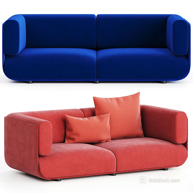 Modern Two Seater Sofas With Blue and Red Upholstery and Soft Pillows 3d model