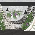 Elegant Wedding Backdrop With White Drapes Purple White Flowers Greenery And Crystal Decorations