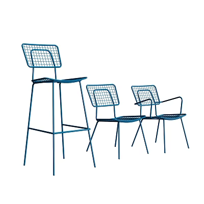 Modern Blue Metal Wire Mesh Outdoor Chairs with Bar Stool and Dining Seats 3d model