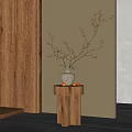 Elegant Light Vase With Blossom Branches Placed On Wooden Pedestal Against Light Wall