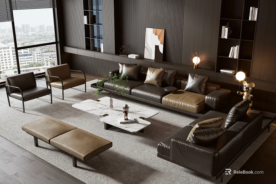 Modern Living Room Sofa Coffee Table Set With Black Leather And Marble Top City View Floor Lamp 3d model 