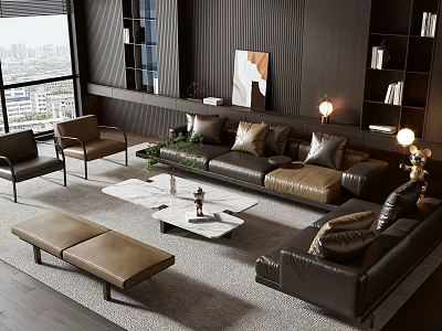 Modern Living Room Sofa Coffee Table Set With Black Leather And Marble Top City View Floor Lamp 3d model