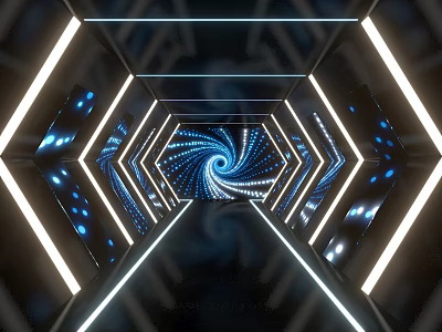 Futuristic Geometric Tunnel Interior With Blue Neon Lights And Spiral Pattern Design 3d model