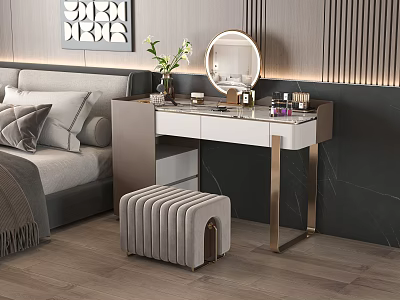 Elegant Modern Vanity Table In Bedroom With Round Mirror Cosmetics And Upholstered Stool 3d model