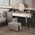 Elegant Modern Vanity Table In Bedroom With Round Mirror Cosmetics And Upholstered Stool