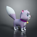 Cute Purple And White Cartoon Cat 3D Model With Purple Collar Bell On Dark Reflective Background