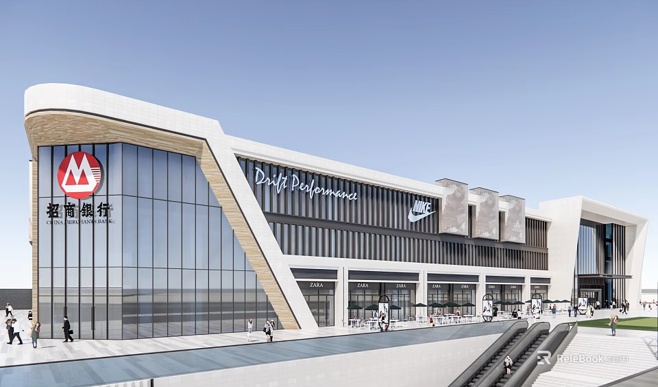 Modern Commercial Street With Glass Curtain Walls Shop Entrances Pedestrian Area And Brand Logos 3d model 