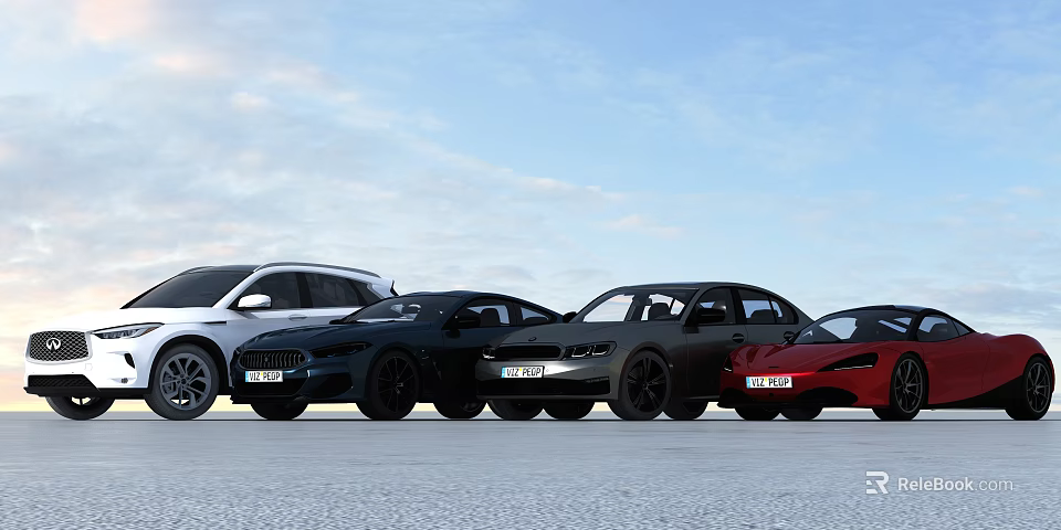 A Row Of Various Cars Parked Outdoors Under Blue Sky 3d model 