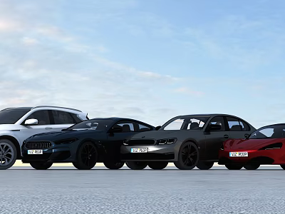 A Row Of Various Cars Parked Outdoors Under Blue Sky 3d model