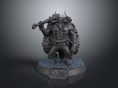 Detailed 3D Warrior Sculpture Carving With Hammer Horned Helmet Feathered Armor Base And Kalo Inscription 3d model