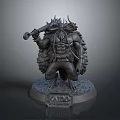 Detailed 3D Warrior Sculpture Carving With Hammer Horned Helmet Feathered Armor Base And Kalo Inscription