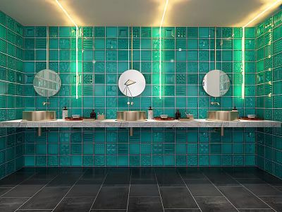 Modern Public Restroom Interior With Green Tiles Washbasins Mirrors And Lighting 3d model