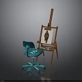 Wooden Easel With Animal Painting And Blue Chair In Art Studio