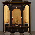 Traditional Wooden Buddhist Shrine Cabinet With Buddha Statue Candles Incense Burner And Meditation Cushions
