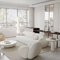 Modern Living Room Interior Design With White Sofa Armchair Round Coffee Table And Window Blinds