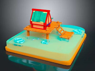 Scenic Waterfront View With Red Cottage Green Roof Wooden Platform And Blue Floating Elements 3d model