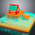 Scenic Waterfront View With Red Cottage Green Roof Wooden Platform And Blue Floating Elements