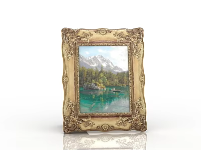 Vintage Gold Carved Frame Decorative Ornament Set with Mountain Forest Lake Boat Landscape Painting 3d model