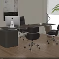 Modern Office Desk Interior with Computer Two Chairs Table Lamp Wall Art and Wooden Floor