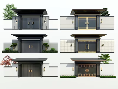 Modern Chinese Style Entrance Gates With Various Designs Wall Lamps And Green Plants 3d model