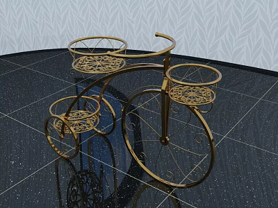 Golden Metal Tricycle Shaped Decorative Ornament Set With Intricate Baskets On Black Glossy Floor 3d model