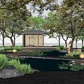 Wooden Landscape Pavilion Surrounded by Trees Pond With Lotus Leaves and Stones
