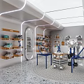 Modern Boutique Store Interior With Neon Lights Shelves Blue Chairs And Products On Round Rug