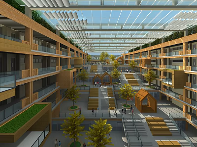 Modern School Building With Multi Story Structure Glass Roof Open Courtyard Trees And Small Pavilions 3d model