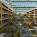 Modern School Building With Multi Story Structure Glass Roof Open Courtyard Trees And Small Pavilions