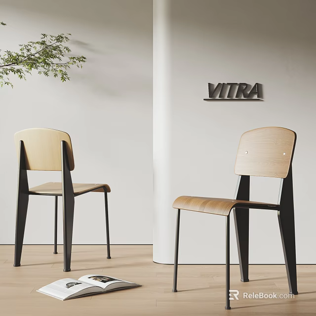 Modern Minimalist Dining Chairs With Wooden Seats And Black Metal Legs In Interior 3d model 