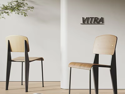 Modern Minimalist Dining Chairs With Wooden Seats And Black Metal Legs In Interior 3d model