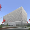 Modern Office Building With Grid Facade Palm Trees Flags Water Pool And Circular Ornament 3d model