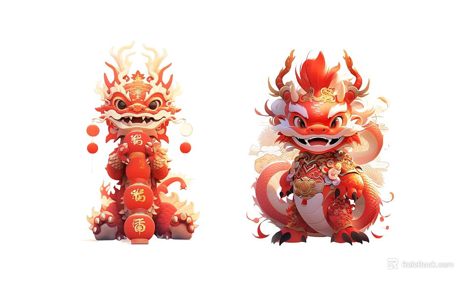 Chinese Dragon and Lion Sculptures Traditional Red Gold Decorative Lanterns Festive Patterns Design 3d model 