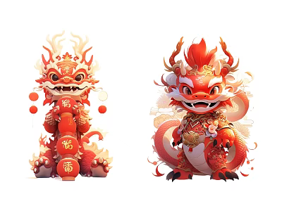 Chinese Dragon and Lion Sculptures Traditional Red Gold Decorative Lanterns Festive Patterns Design 3d model