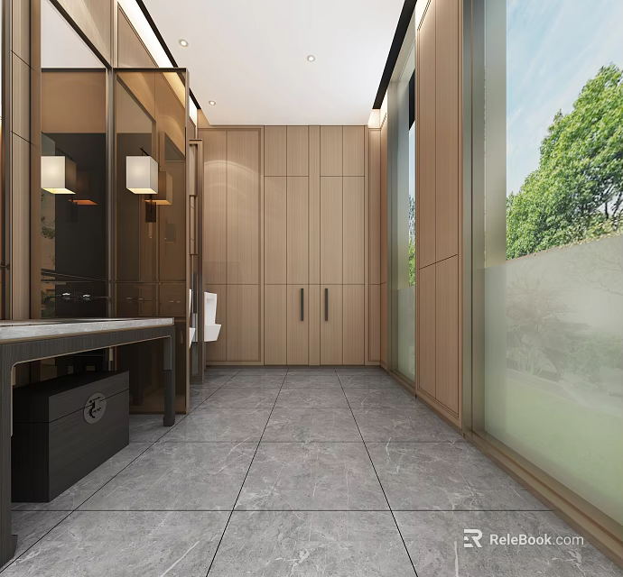 Modern Public Restroom Interior With Wooden Cabinets Marble Floor And Green Plant View 3d model 