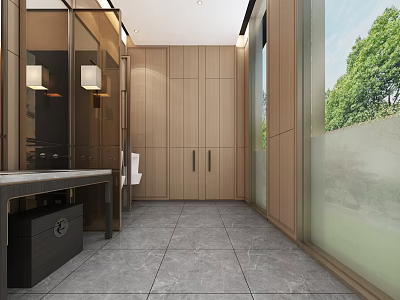 Modern Public Restroom Interior With Wooden Cabinets Marble Floor And Green Plant View 3d model