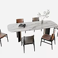 Modern Dining Table Set With Marble Top Leather Chairs Black Frame And Vase With Greenery 3d model