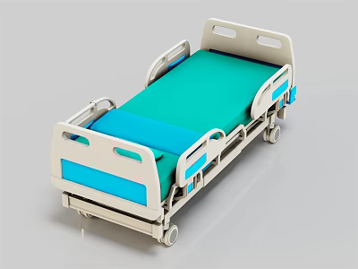 Modern Medical Hospital Bed With Green Mattress Blue Sections And White Frame 3d model