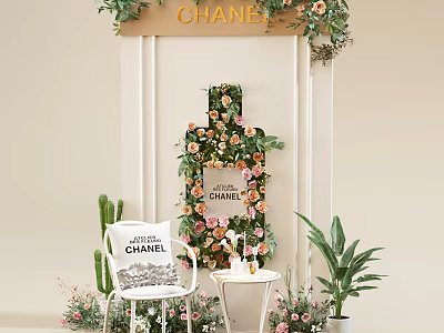 Chanel Themed Floral Display With Flower Wall Green Plants And Decorative Chair 3d model