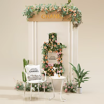 Chanel Themed Floral Display With Flower Wall Green Plants And Decorative Chair 3d model