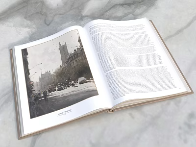 Open Hardcover Book Pages Featuring City Street Photograph And Text Content 3d model