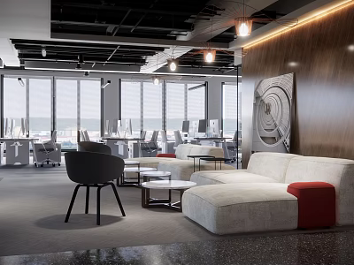 Modern Public Office Space Interior With Open Layout Desks Sofa And Artwork 3d model