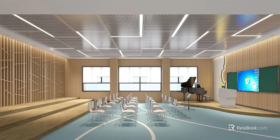 Book Art Activity Room Interior With White Chairs Black Piano Large Windows And Blue Carpet 3d model 