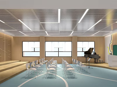 Book Art Activity Room Interior With White Chairs Black Piano Large Windows And Blue Carpet 3d model