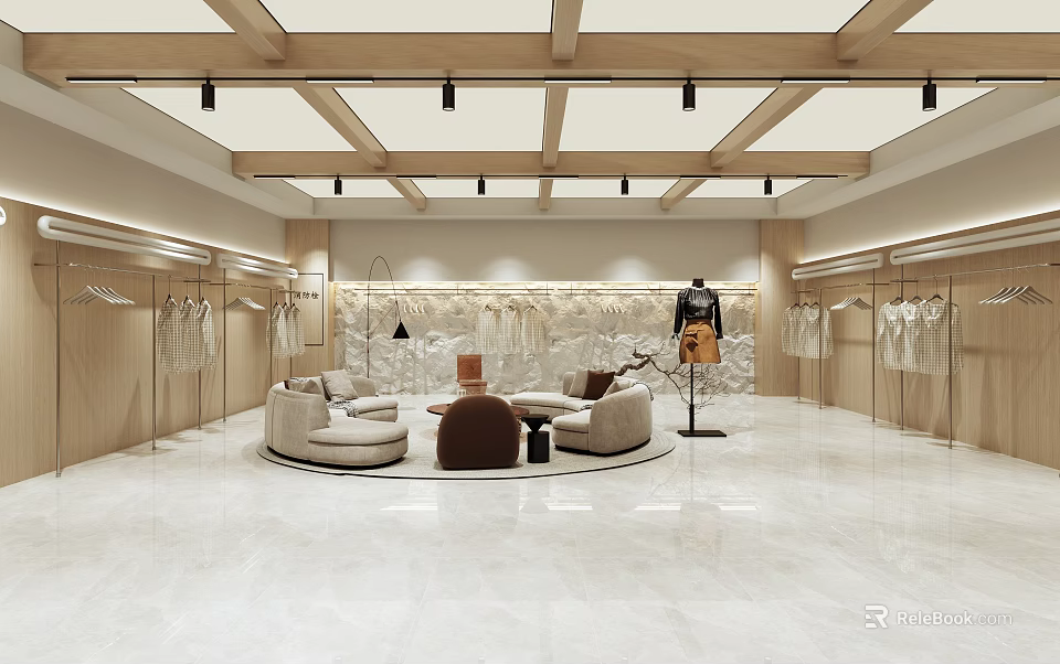 Modern Clothing Store Interior With Wooden Ceiling Beams White Marble Flooring And Circular Seating Area 3d model 