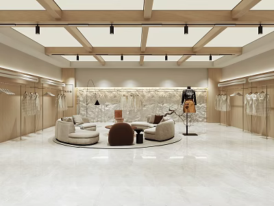 Modern Clothing Store Interior With Wooden Ceiling Beams White Marble Flooring And Circular Seating Area 3d model