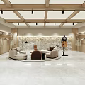 Modern Clothing Store Interior With Wooden Ceiling Beams White Marble Flooring And Circular Seating Area
