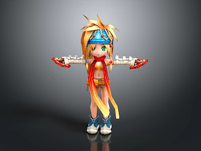 Cartoon Woman With Golden Hair Blue Headband Green Eyes In Colorful Outfit Stretching Arms 3d model