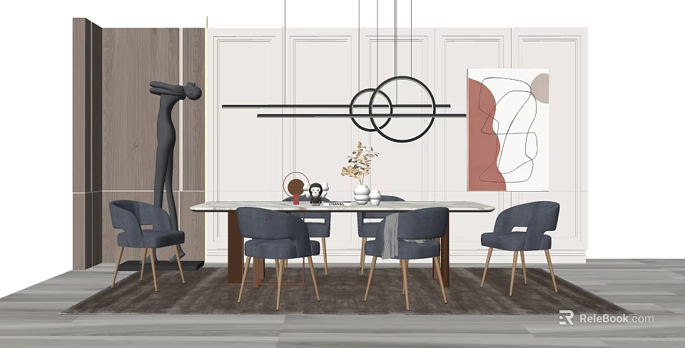 Modern Dining Table Set With Gray Upholstered Chairs And Geometric Pendant Light 3d model